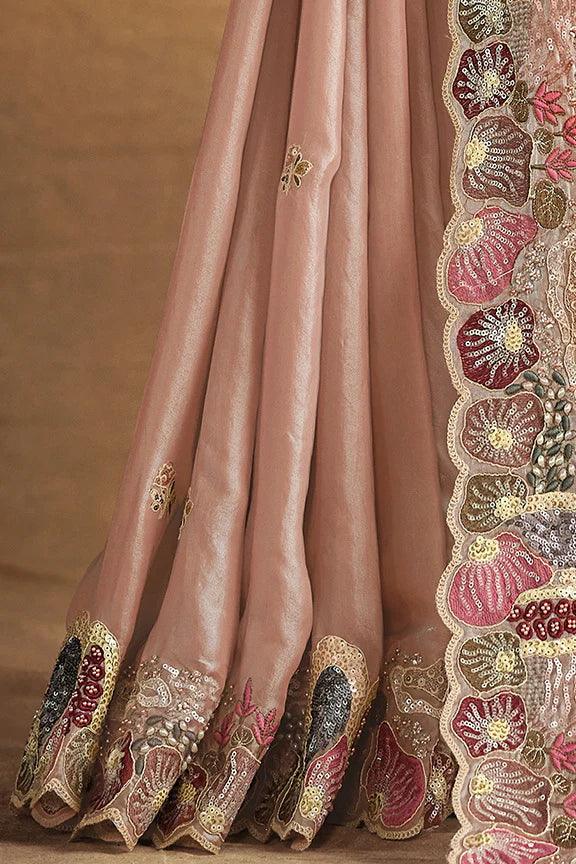 Nayoora Luxe Metallic Champagne Beige Crushed Paper Silk Saree with Belt - Nayoora