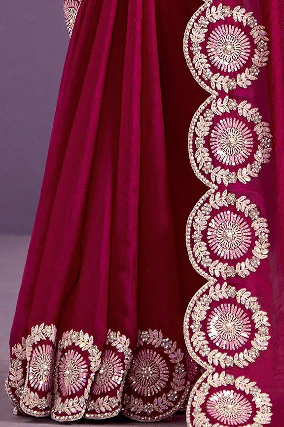 Nayoora Luxe Ruby Pink Velvet Scalloped Border Saree - Nayoora