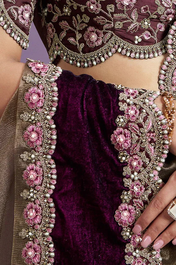 Nayoora Luxe Bronze Shimmer & Wine Velvet Couture Saree - Nayoora