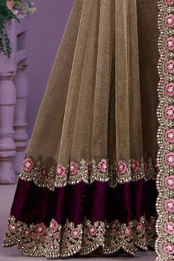 Nayoora Luxe Bronze Shimmer & Wine Velvet Couture Saree - Nayoora
