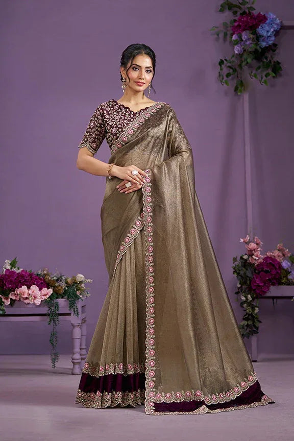 Nayoora Luxe Bronze Shimmer & Wine Velvet Couture Saree - Nayoora