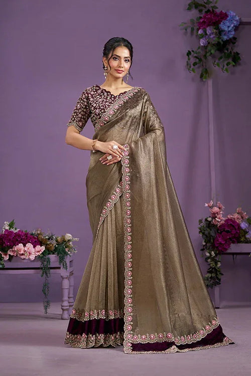 Nayoora Luxe Bronze Shimmer & Wine Velvet Couture Saree - Nayoora