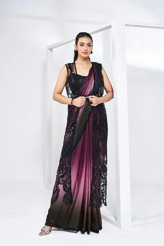Nayoora Luxe Ombre Wine & Black Sequin Jacket Style Saree - Nayoora