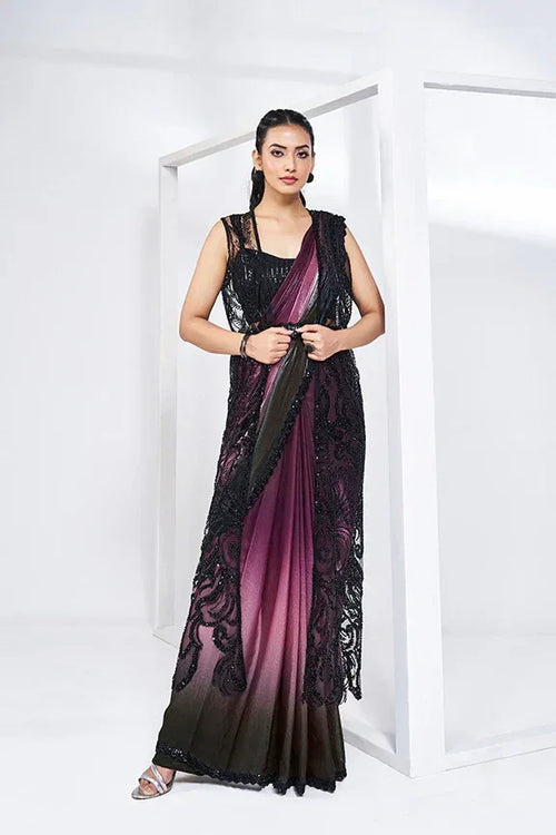 Nayoora Luxe Ombre Wine & Black Sequin Jacket Style Saree - Nayoora