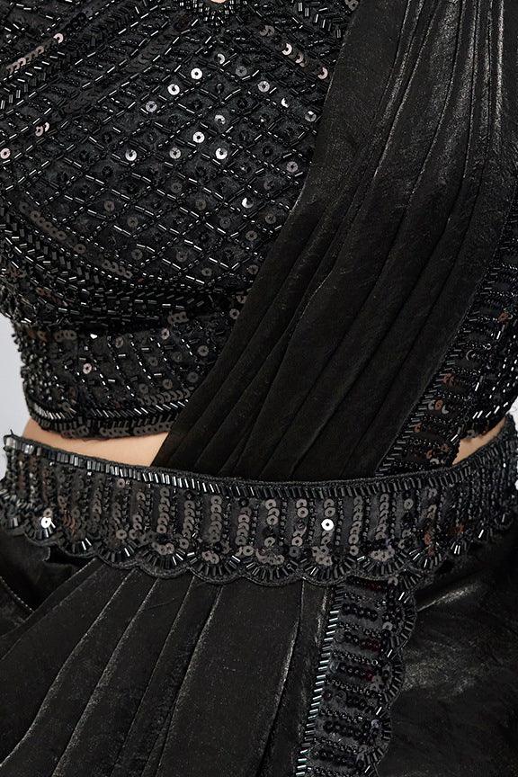 Nayoora Luxe Midnight Black Sequin Embroidered Satin Silk Ready-to-Wear Saree Set - Nayoora