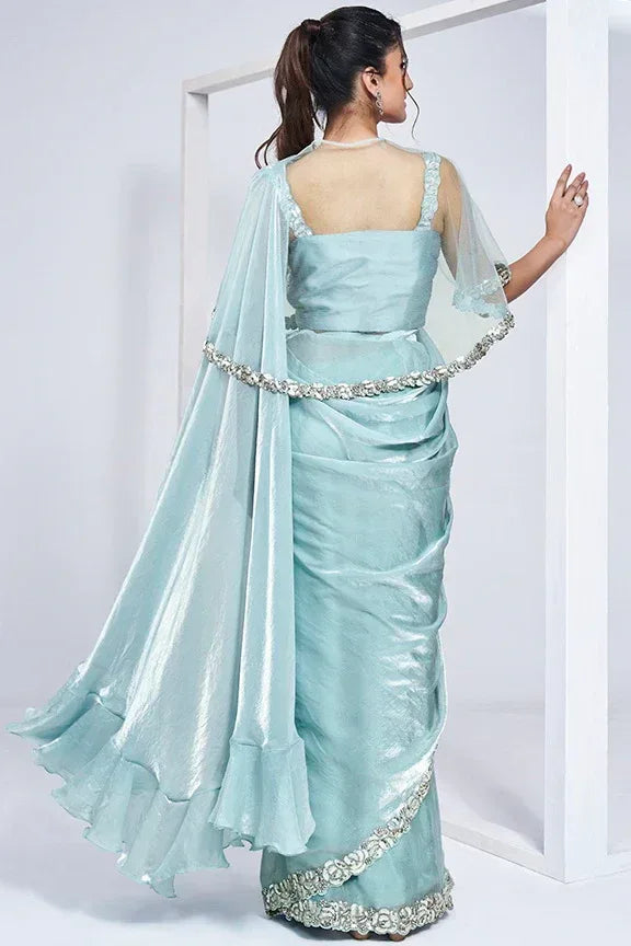 Nayoora Luxe Ice Blue Tissue Silk Ready-to-Wear Cape Saree Set - Nayoora