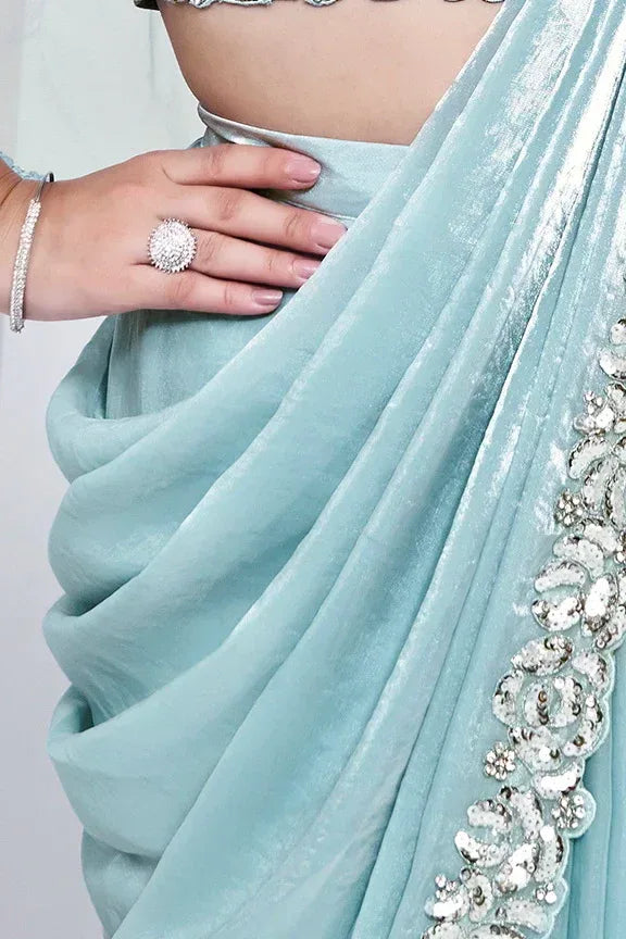 Nayoora Luxe Ice Blue Tissue Silk Ready-to-Wear Cape Saree Set - Nayoora
