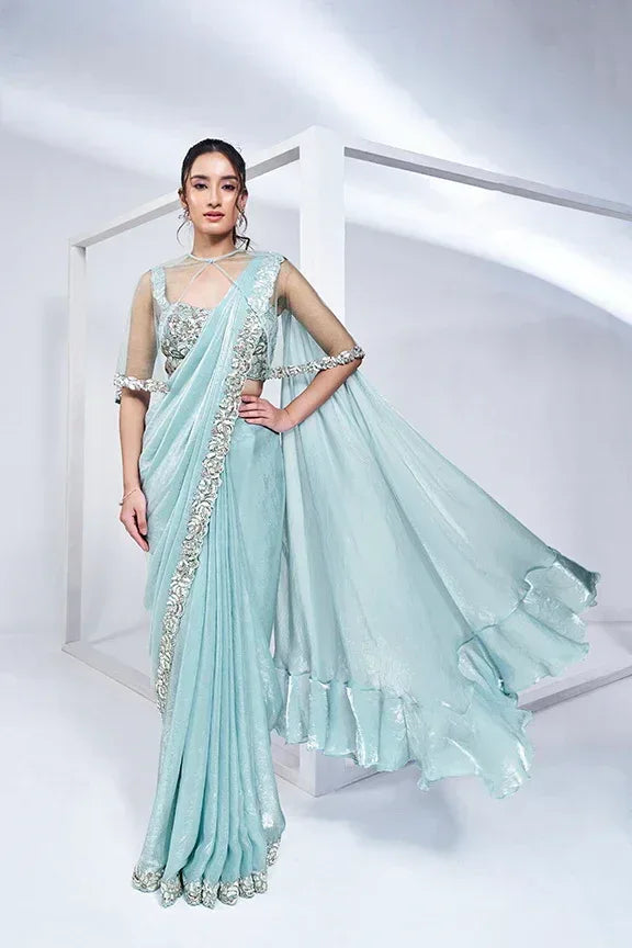 Nayoora Luxe Ice Blue Tissue Silk Ready-to-Wear Cape Saree Set - Nayoora