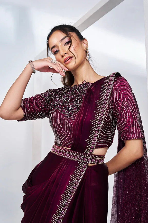 Nayoora Luxe Deep Wine Berry Sequin Wave Ready-to-Wear Saree Set - Nayoora