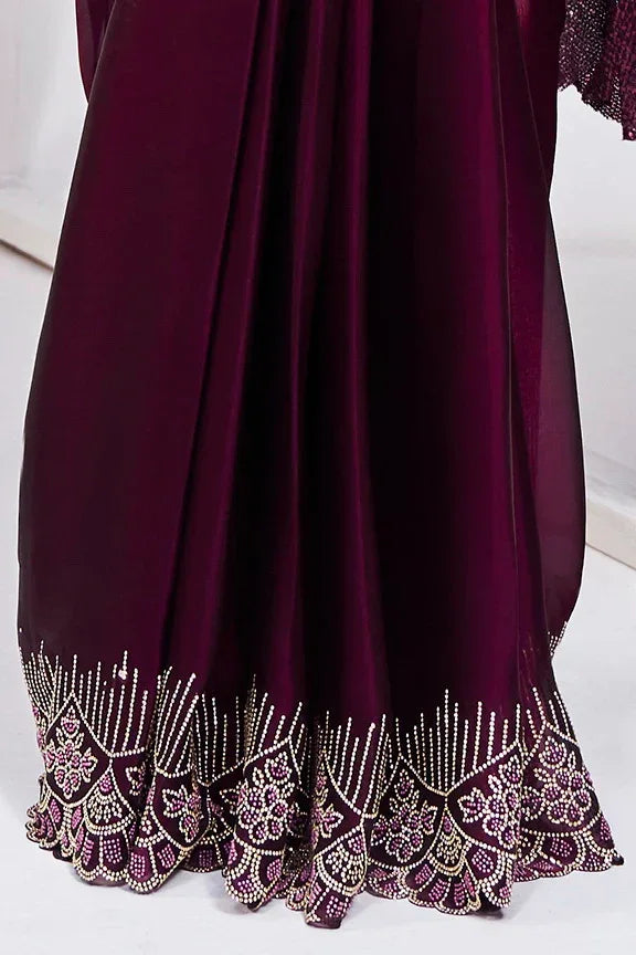 Nayoora Luxe Deep Wine Berry Sequin Wave Ready-to-Wear Saree Set - Nayoora