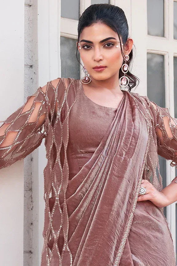 Nayoora Luxe Dusty Rose Metallic Ready-to-Wear Cutwork Sleeve Saree - Nayoora
