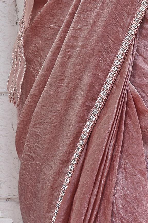 Nayoora Luxe Dusty Rose Metallic Ready-to-Wear Cutwork Sleeve Saree - Nayoora