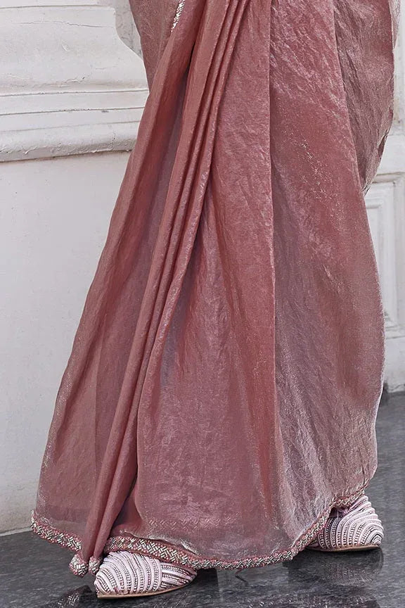 Nayoora Luxe Dusty Rose Metallic Ready-to-Wear Cutwork Sleeve Saree - Nayoora