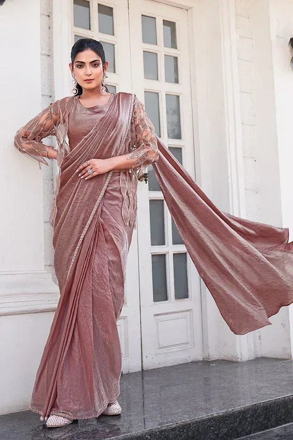 Nayoora Luxe Dusty Rose Metallic Ready-to-Wear Cutwork Sleeve Saree - Nayoora