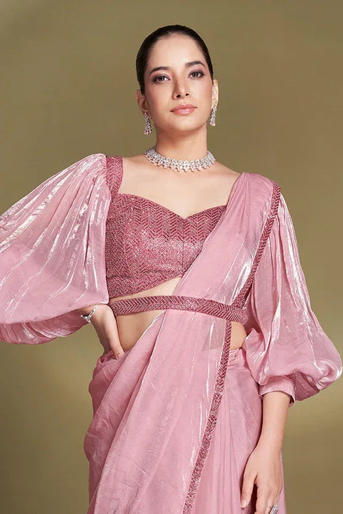 Nayoora Luxe Metallic Rose Pink Balloon Sleeve Ready-to-Wear Saree - Nayoora