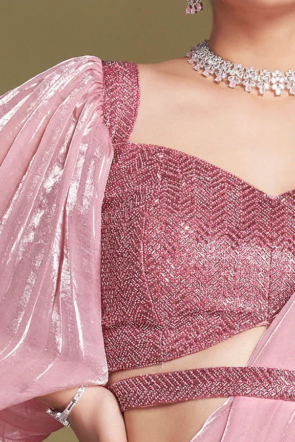 Nayoora Luxe Metallic Rose Pink Balloon Sleeve Ready-to-Wear Saree - Nayoora