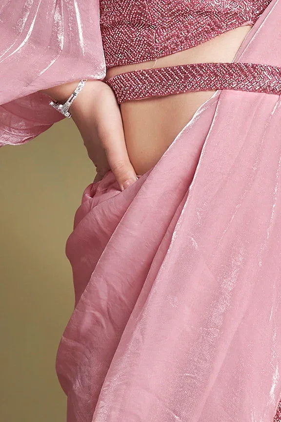 Nayoora Luxe Metallic Rose Pink Balloon Sleeve Ready-to-Wear Saree - Nayoora