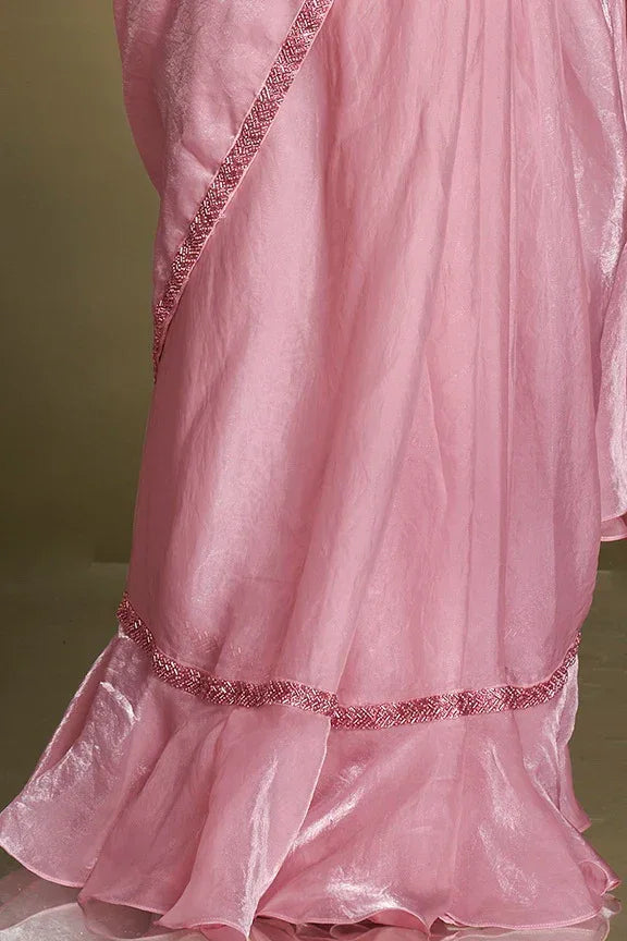 Nayoora Luxe Metallic Rose Pink Balloon Sleeve Ready-to-Wear Saree - Nayoora