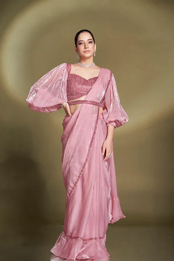 Nayoora Luxe Metallic Rose Pink Balloon Sleeve Ready-to-Wear Saree - Nayoora