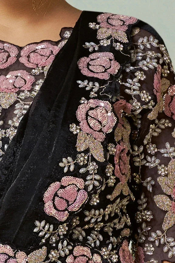 Nayoora Luxe Jet Black & Pink Rose Embroidered Satin Silk Saree Set - Nayoora