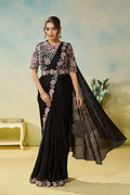Nayoora Luxe Jet Black & Pink Rose Embroidered Satin Silk Saree Set - Nayoora