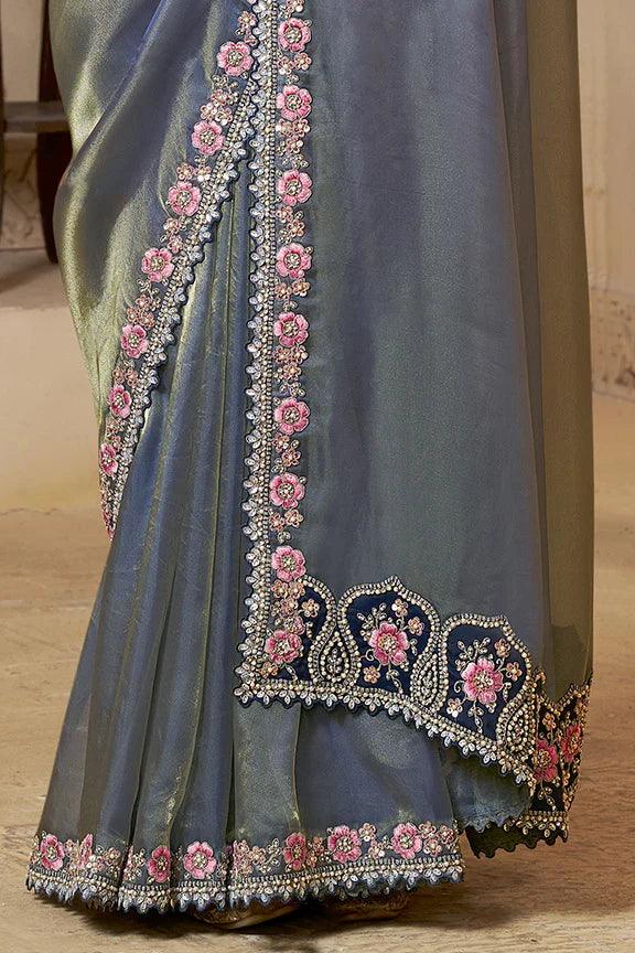 Nayoora Luxe Metallic Steel Blue Floral Embroidered Tissue Silk Saree Set - Nayoora