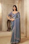 Nayoora Luxe Metallic Steel Blue Floral Embroidered Tissue Silk Saree Set - Nayoora