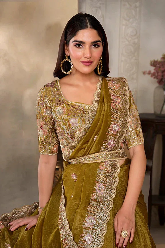 Nayoora Luxe Metallic Olive Gold Floral Scalloped Border Tissue Silk Saree Set - Nayoora