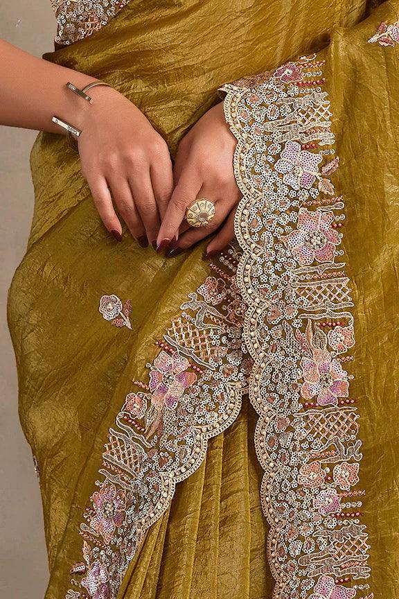 Nayoora Luxe Metallic Olive Gold Floral Scalloped Border Tissue Silk Saree Set - Nayoora