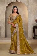 Nayoora Luxe Metallic Olive Gold Floral Scalloped Border Tissue Silk Saree Set - Nayoora