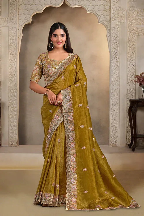 Nayoora Luxe Metallic Olive Gold Floral Scalloped Border Tissue Silk Saree Set - Nayoora