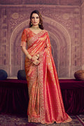 Nayoora Luxe Metallic Coral Pink Scalloped Kanjivaram Silk Saree - Nayoora