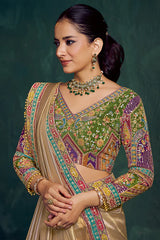 Golden ochre tissue silk saree with ornate multicolor blouse detail