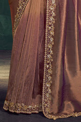 Rose metallic silk saree drape with gold embroidered trim on border