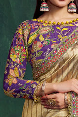 Purple embroidered blouse with gold striped drape and colorful trim