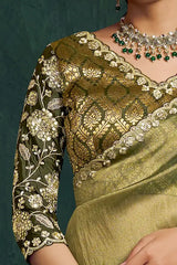 Olive metallic silk saree blouse with gold floral embroidery sleeve