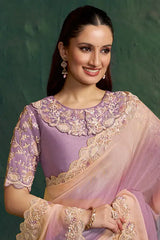 Lavender silk saree with gold lace border and sheer ombre pallu