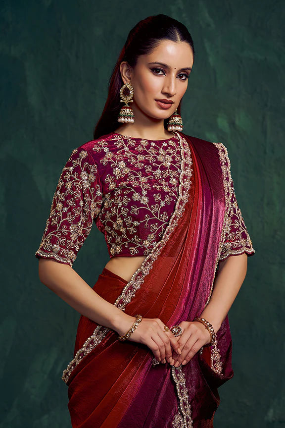 Nayoora Royale Artisanal Ruby & Wine Ombre Silk Saree