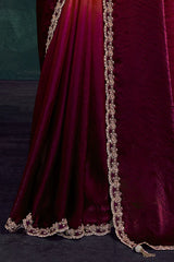 Wine ombre silk saree skirt with long gold embroidered lace trim