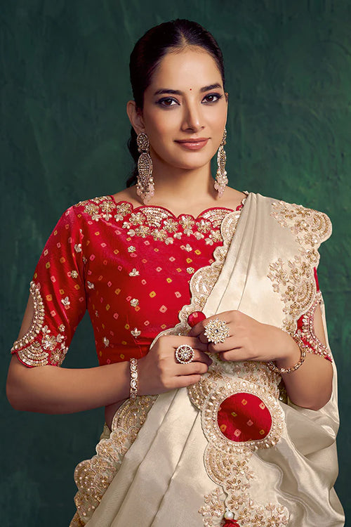 Nayoora Royale Artisanal Pearl Tissue Silk Saree with Bandhani Blouse