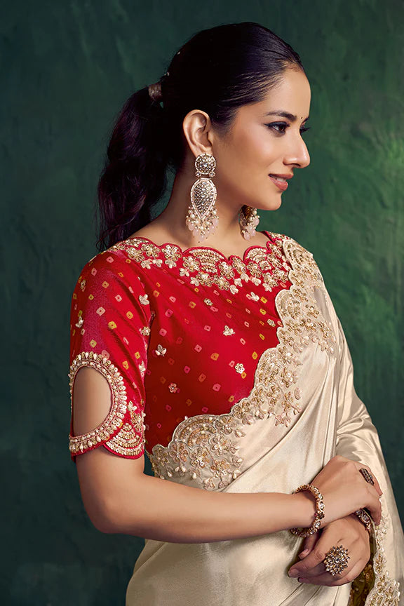 Nayoora Royale Artisanal Pearl Tissue Silk Saree with Bandhani Blouse
