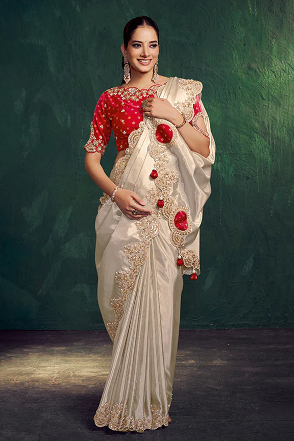 Nayoora Royale Artisanal Pearl Tissue Silk Saree with Bandhani Blouse