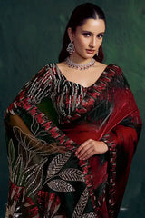 Nayoora Royale sequin silk saree, crimson pallu with dark striped sequin pattern