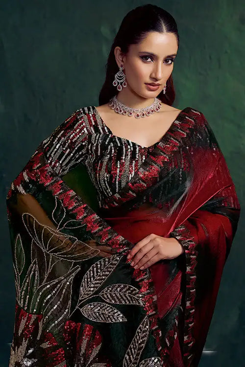 Nayoora Royale sequin silk saree, crimson pallu with dark striped sequin pattern