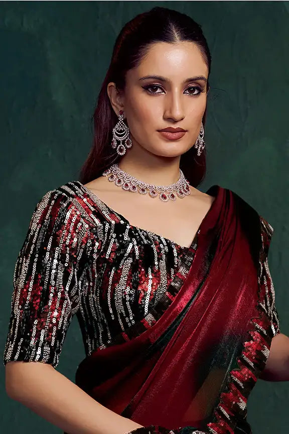 Crimson and onyx sequin silk saree with black sequined sleeve pallu