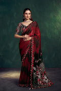 Crimson and onyx sequin silk saree with ornate border, draped with pallu