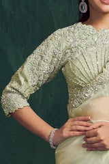 Mint sage tissue silk saree with embroidered sleeves and decorative neckline