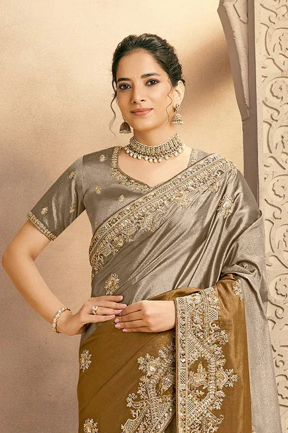 Nayoora Luxe Grey Bronze Embroidered Silk Saree - Nayoora