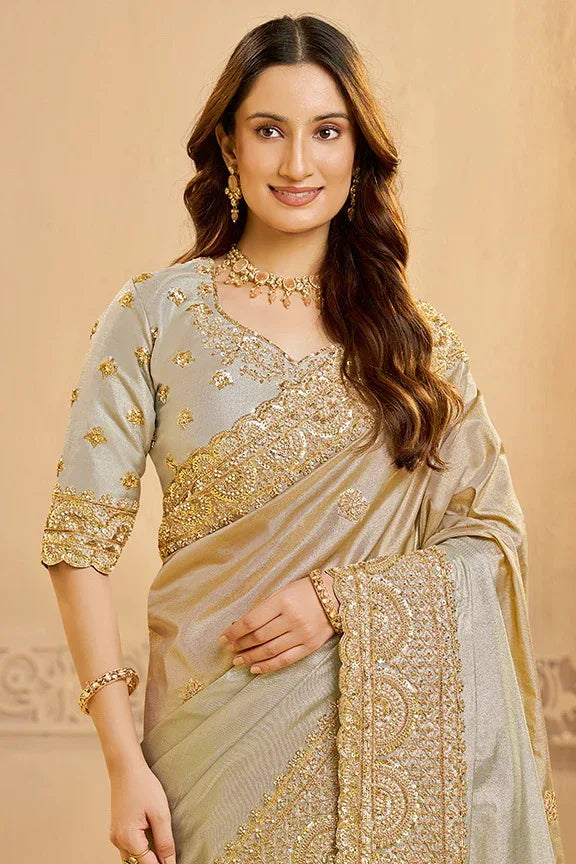 Nayoora Luxe Metallic Silver Grey Zardozi Silk Saree - Nayoora