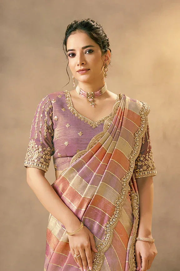 Nayoora Luxe Metallic Pastel Multi-Stripe Scalloped Silk Saree - Nayoora